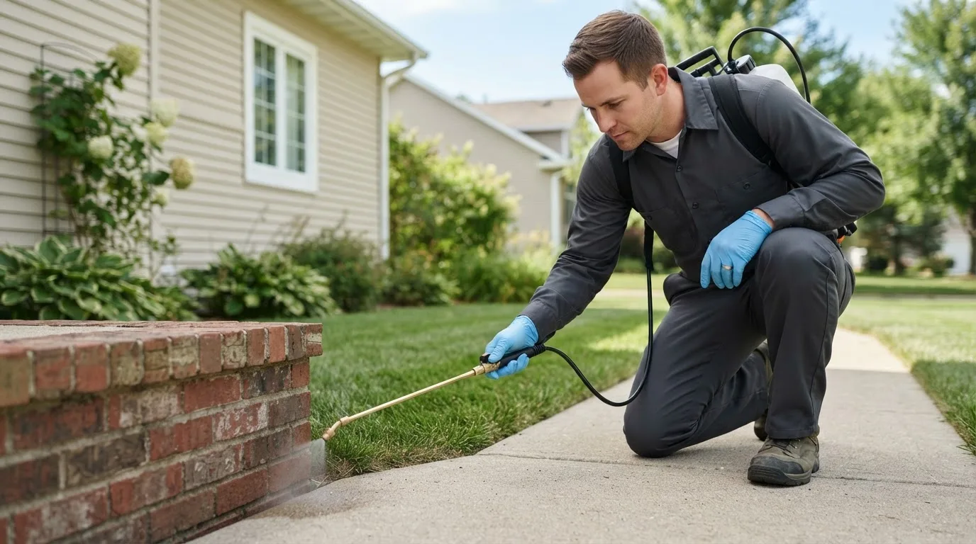 Pest control technician treating a home near Percival, IA