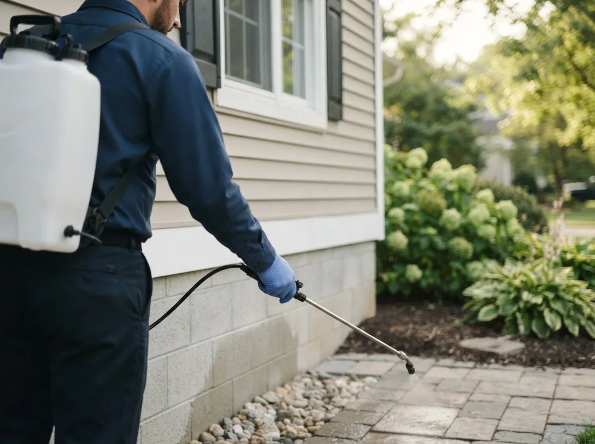 Pest control technician inspecting a home in Percival, IA